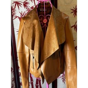 Bagatelle Collection Women Camel Faux Leather Drape Collar Moto Jacket Medium